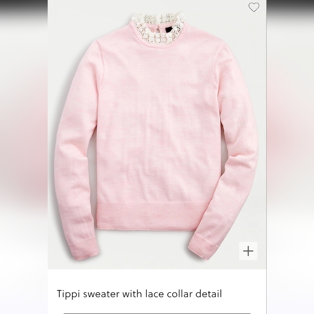 J.Crew Pink Tippi Sweater with Lace Collar 100% Merino Wool Size Medium NWOT